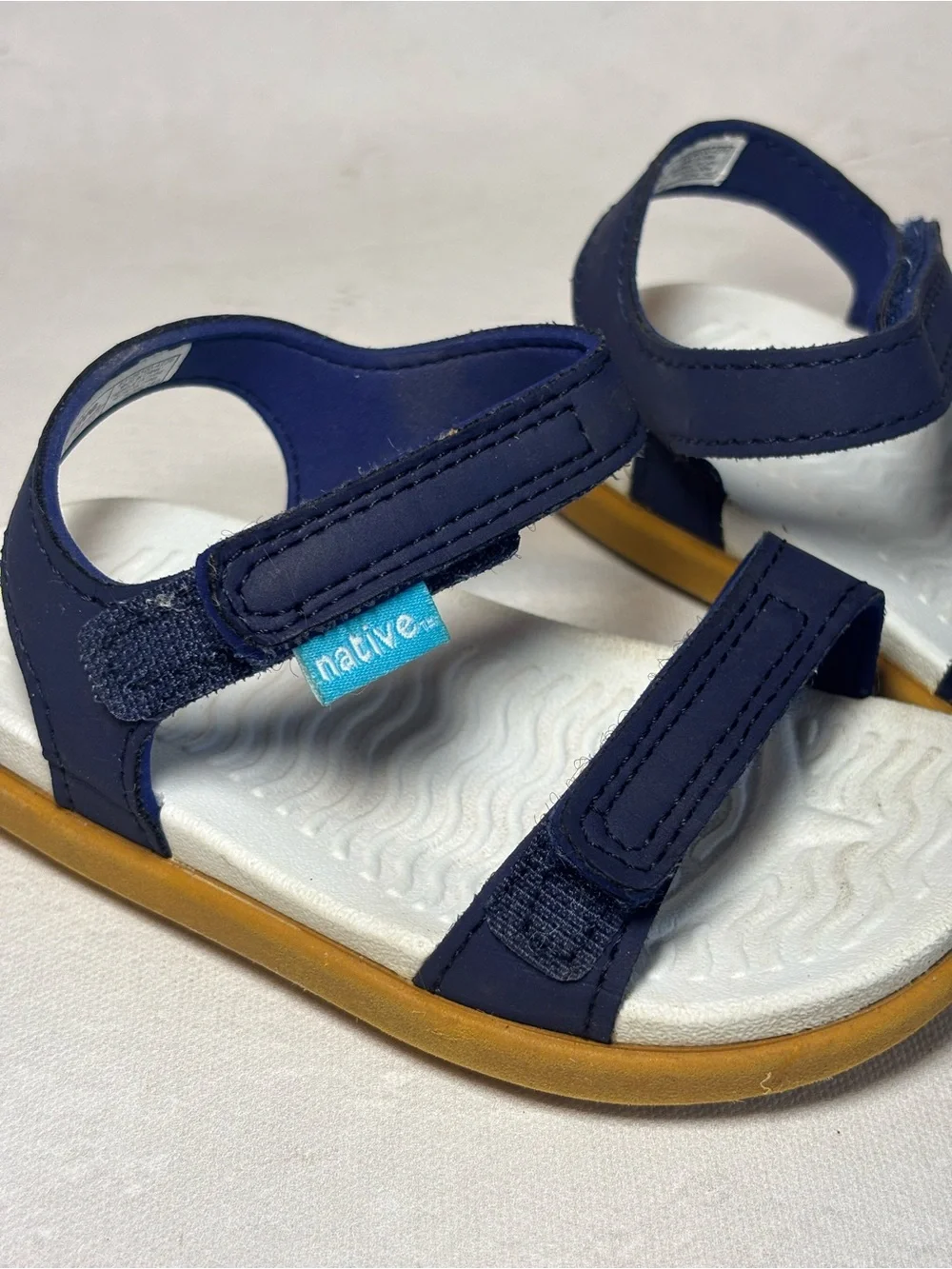 Native Kids Navy and White Sandals with Tan Sole, size 6 US toddler, waterproof